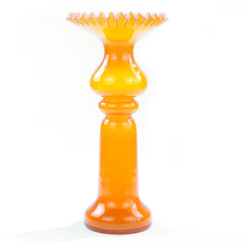 Vase with Ruffled Rim, orange yellow white colored glass, by L. Fiedorowicz, Huta Szkła 'Staszic', Poland, 1980s.