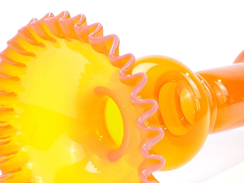 Vase with Ruffled Rim, orange yellow white colored glass, by L. Fiedorowicz, Huta Szkła 'Staszic', Poland, 1980s. - 326004