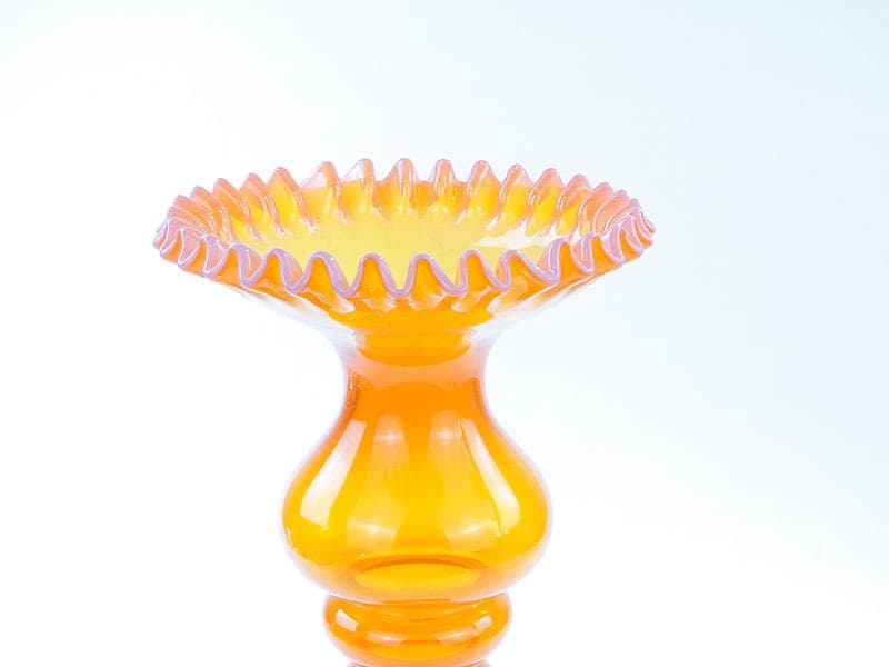 Vase with Ruffled Rim, orange yellow white colored glass, by L. Fiedorowicz, Huta Szkła 'Staszic', Poland, 1980s. - 326002