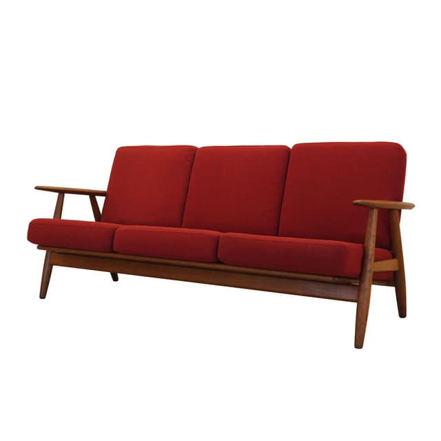 Sofa Cigar, tkanina czerwona, dąb brązowy, proj. H. Wegner, Getama, Dania, lata 60. - WYMIARY