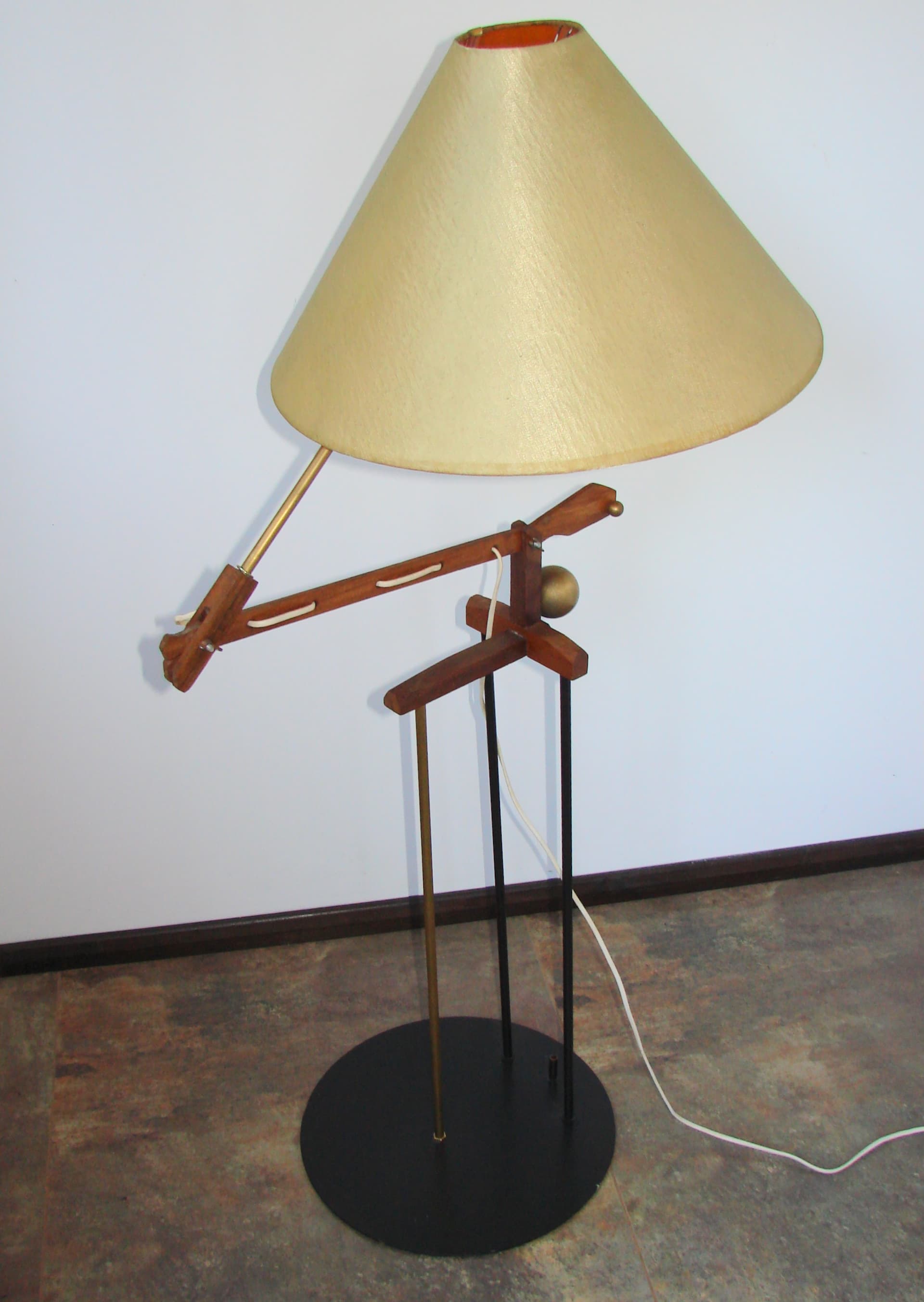 Floor Lamp Patyczak, beige lampshade, brown wood, brass, black metal, 1970s. - 326108