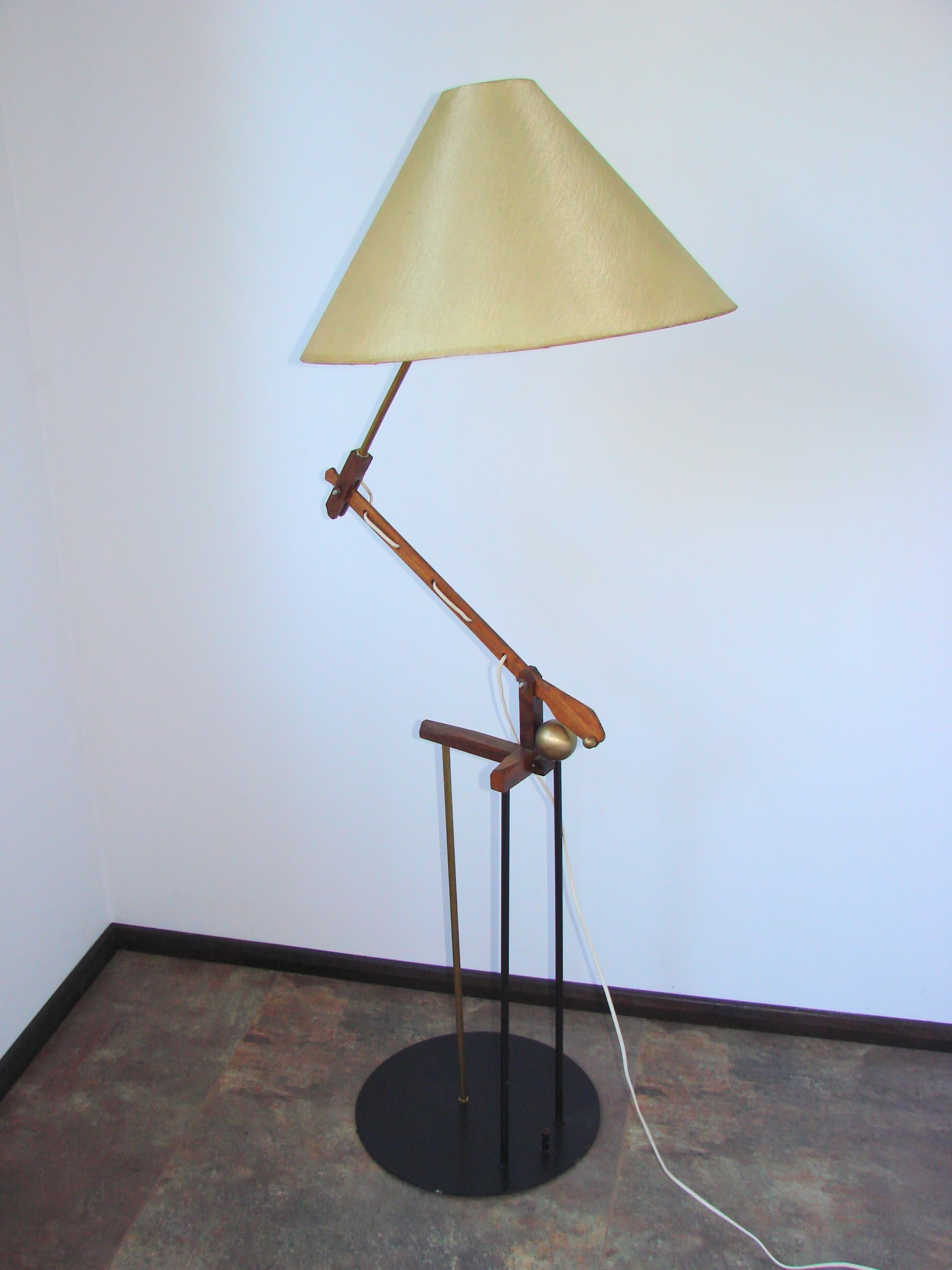 Floor Lamp Patyczak, beige lampshade, brown wood, brass, black metal, 1970s. - 326110