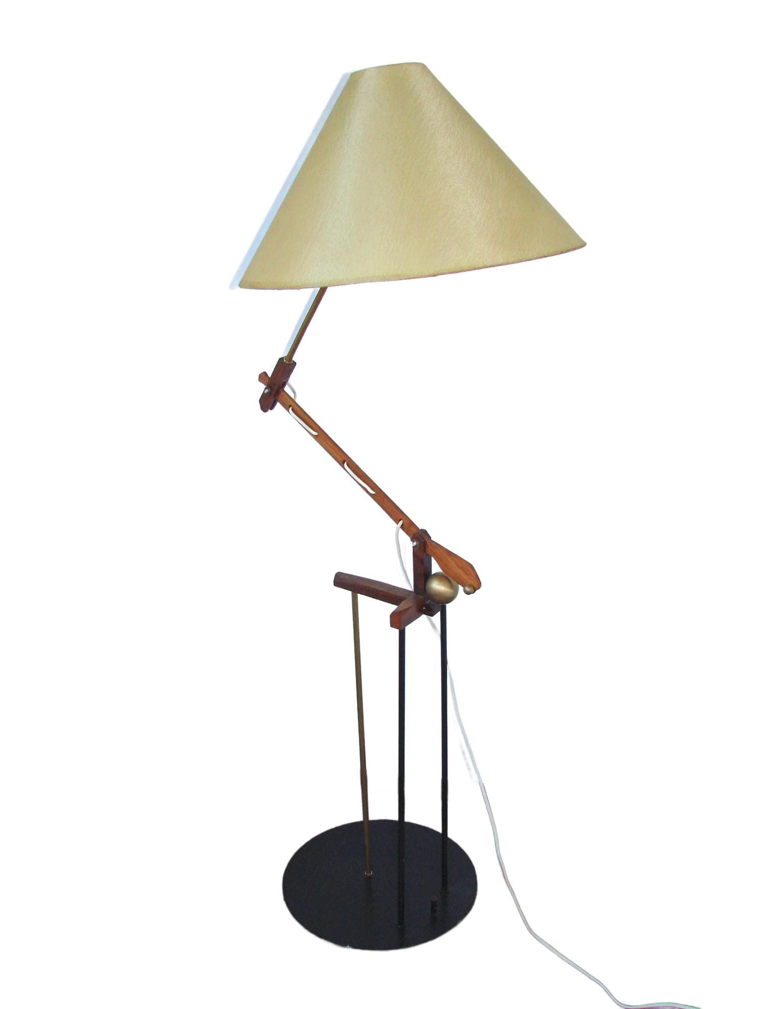 Floor Lamp Patyczak, beige lampshade, brown wood, brass, black metal, 1970s.