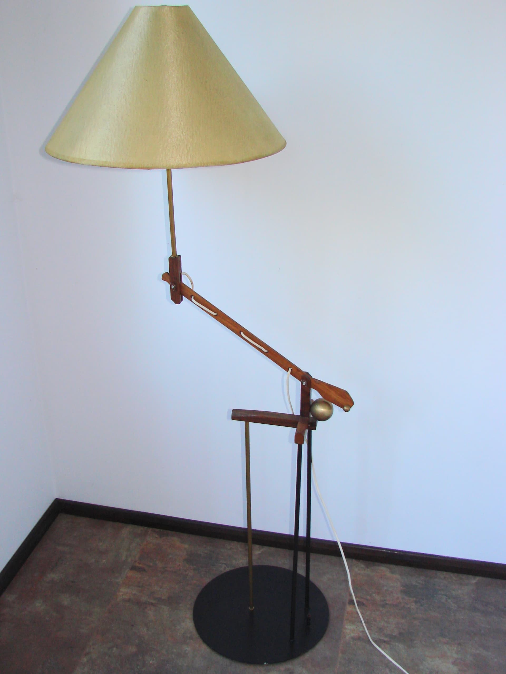 Floor Lamp Patyczak, beige lampshade, brown wood, brass, black metal, 1970s. - 326111
