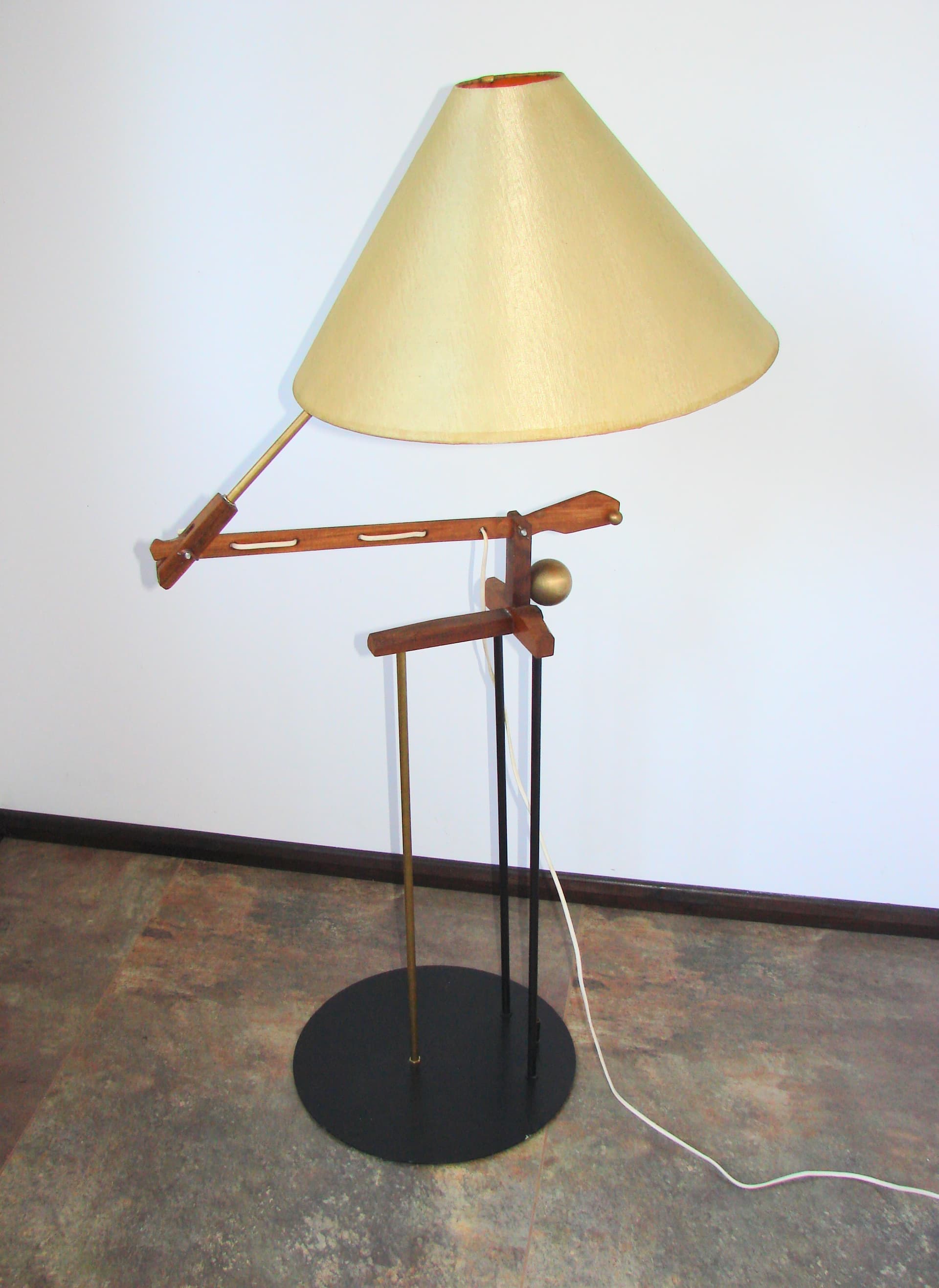 Floor Lamp Patyczak, beige lampshade, brown wood, brass, black metal, 1970s. - 326107