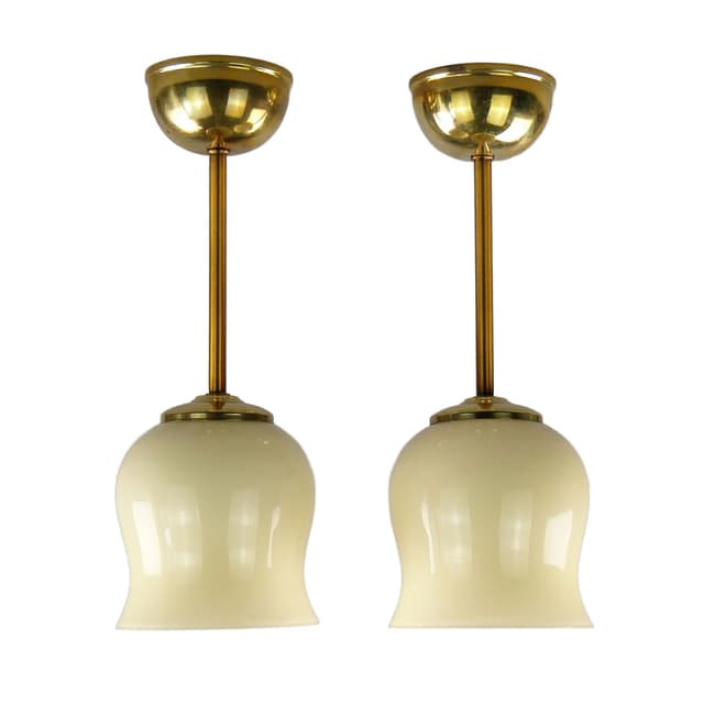 Pair of ceiling lamps, ecru glass, brass, Poland, 1950s. - DIMENSION