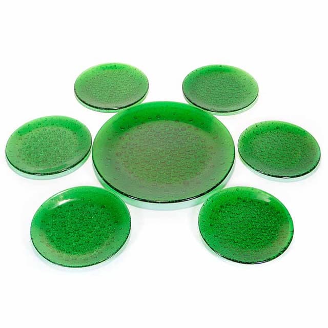 Set of plates Asteroid, green soda-lime glass, by J. S. Drost, Ząbkowice, Poland, 1960s. - DIMENSION