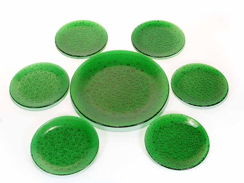 Set of plates Asteroid, green soda-lime glass, by J. S. Drost, Ząbkowice, Poland, 1960s. - 326359