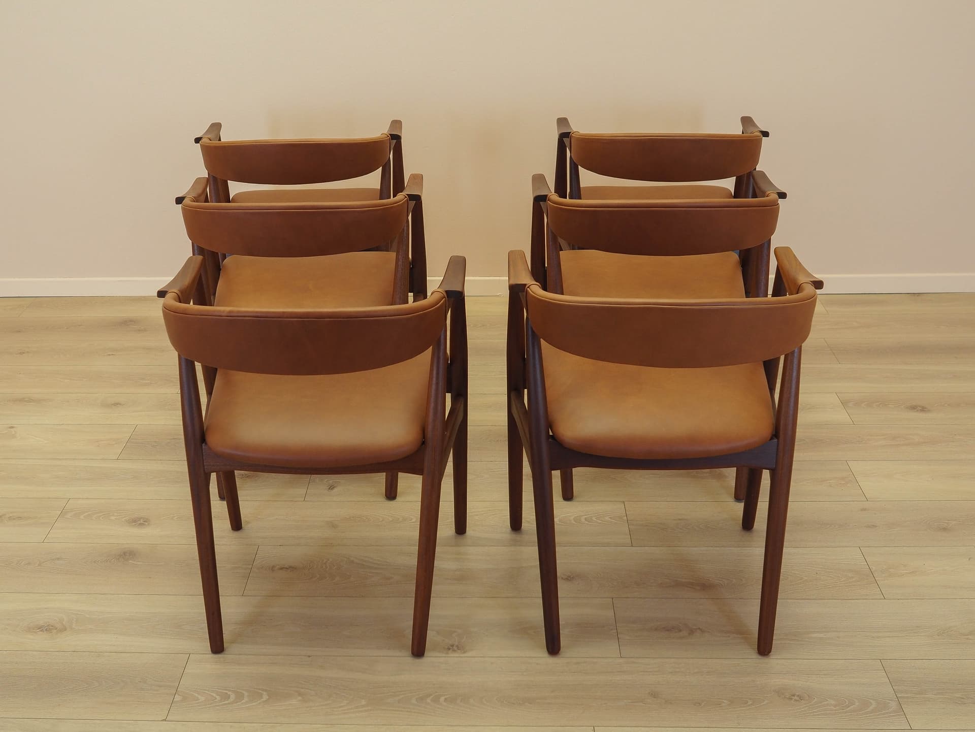 Set of six chairs, brown teak, brown leather, Denmark, 1970s. - 326415