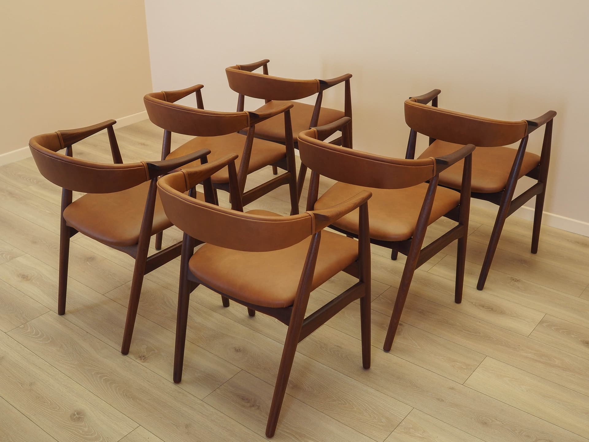 Set of six chairs, brown teak, brown leather, Denmark, 1970s. - 326416