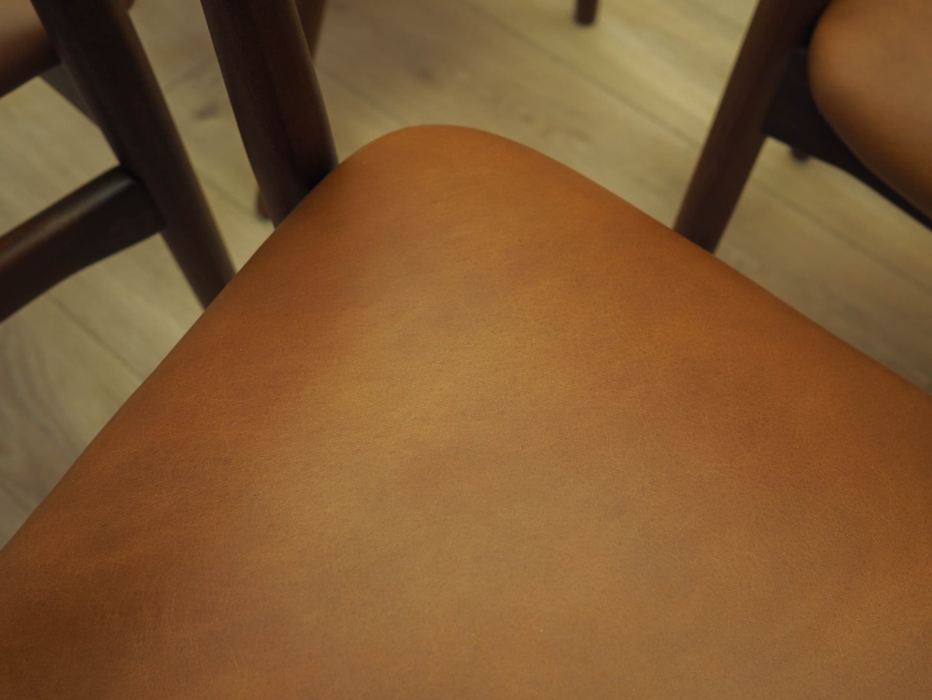 Set of six chairs, brown teak, brown leather, Denmark, 1970s. - 326418