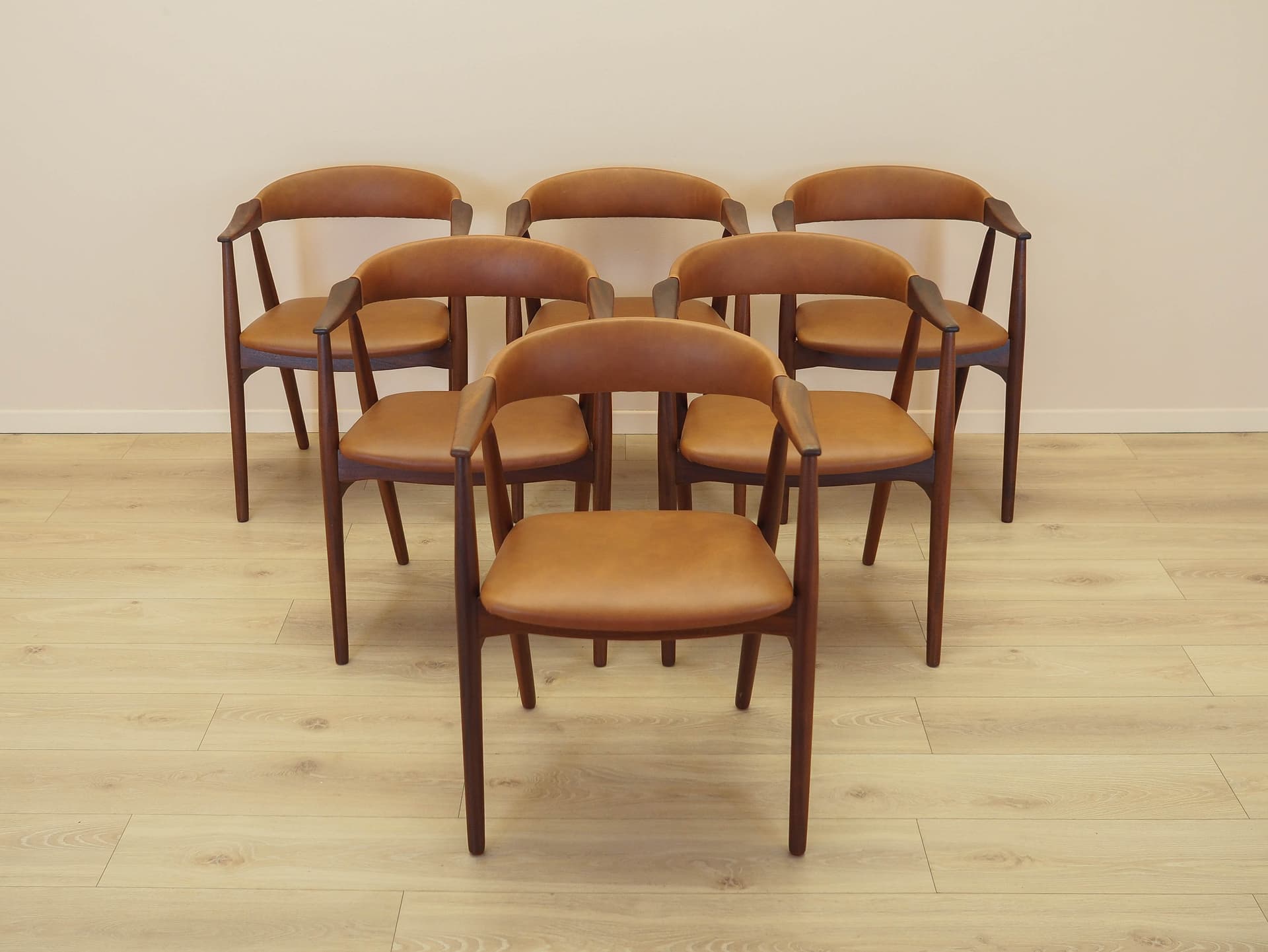 Set of six chairs, brown teak, brown leather, Denmark, 1970s. - 326406