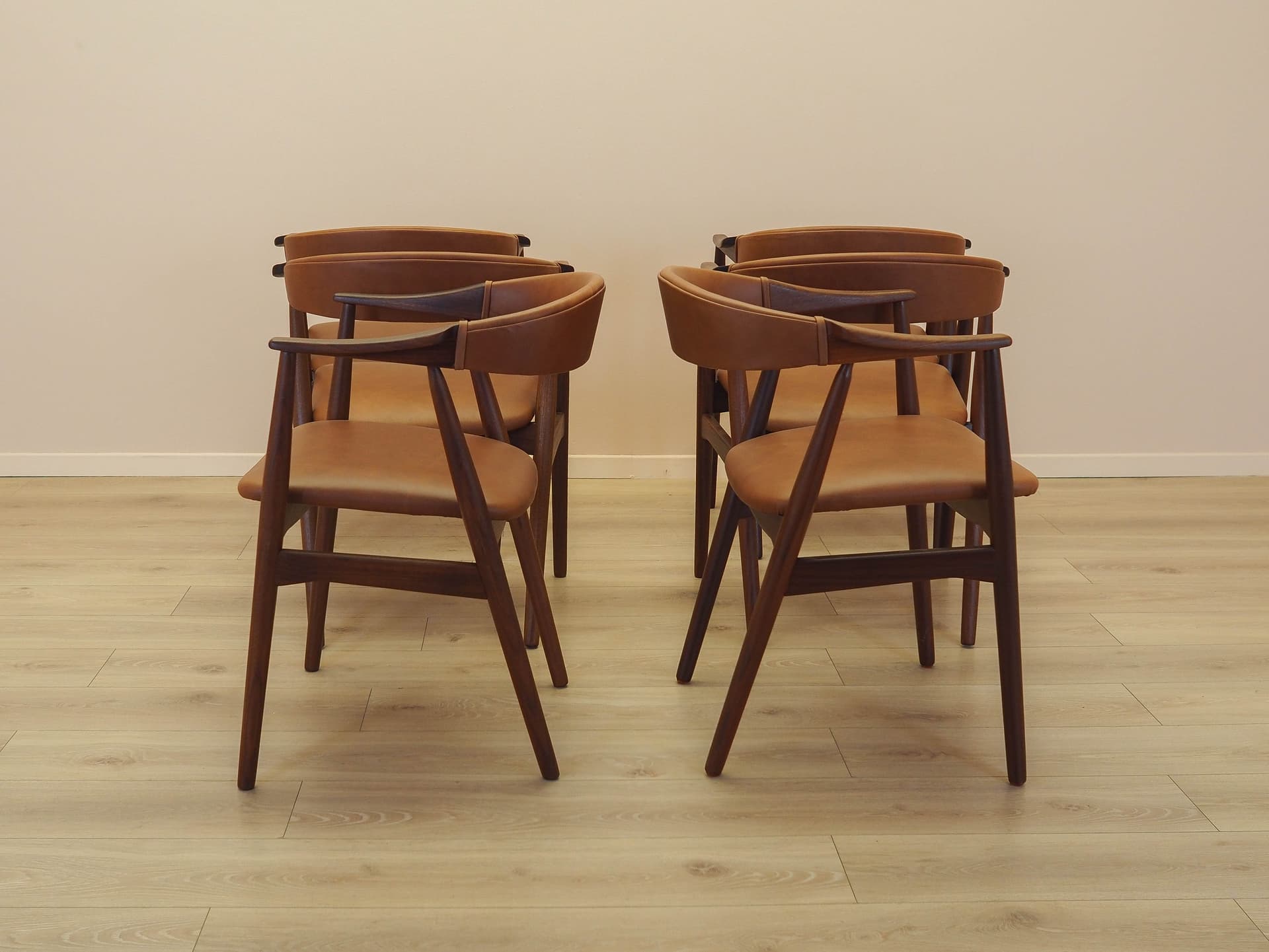 Set of six chairs, brown teak, brown leather, Denmark, 1970s. - 326419