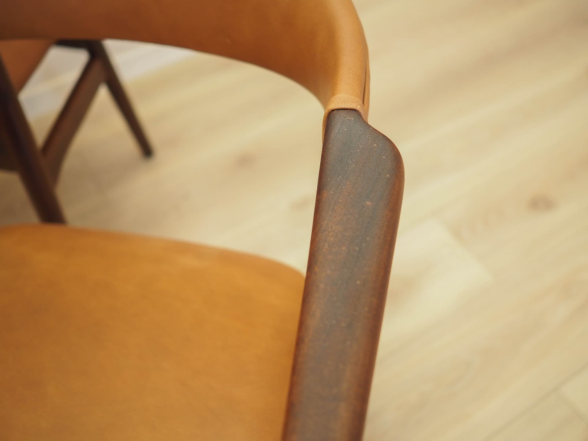 Set of six chairs, brown teak, brown leather, Denmark, 1970s. - 326414