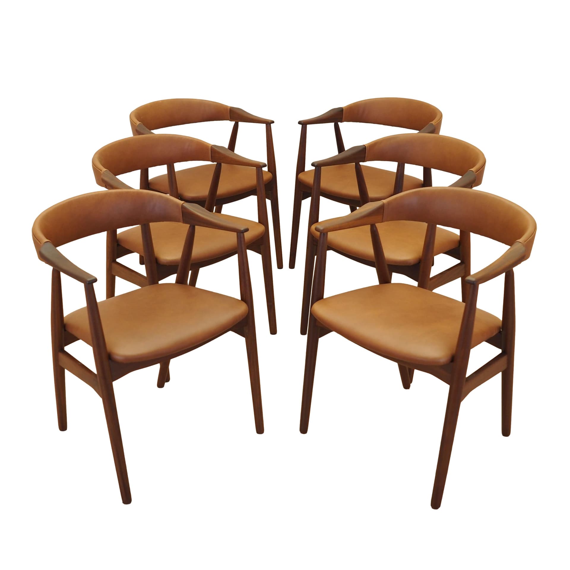 Set of six chairs, brown teak, brown leather, Denmark, 1970s.