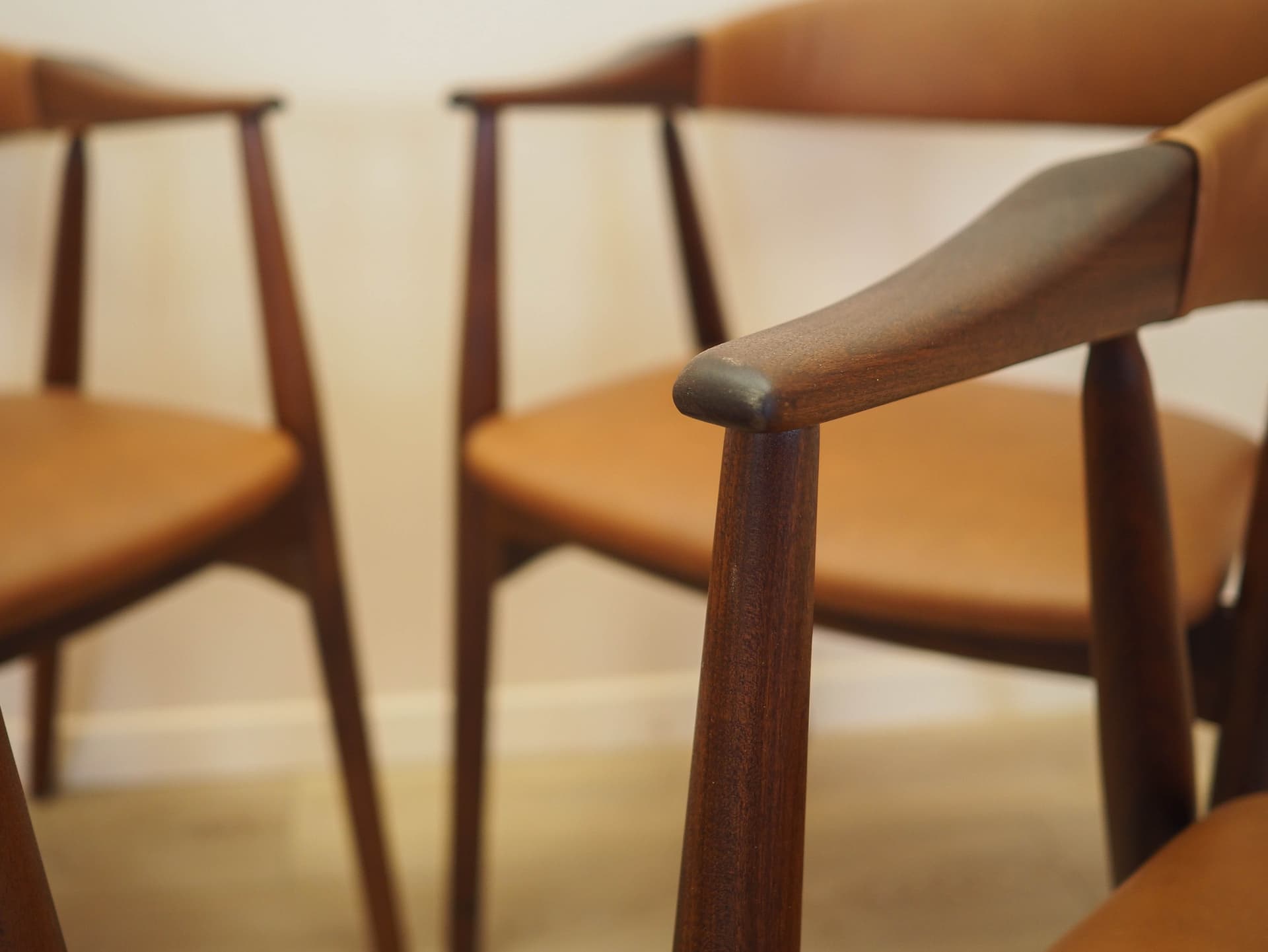 Set of six chairs, brown teak, brown leather, Denmark, 1970s. - 326413