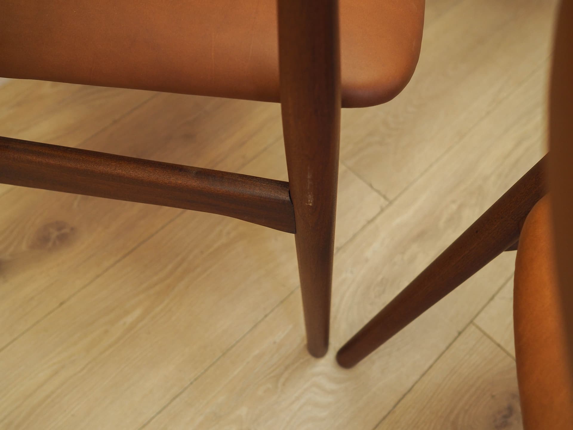 Set of six chairs, brown teak, brown leather, Denmark, 1970s. - 326411
