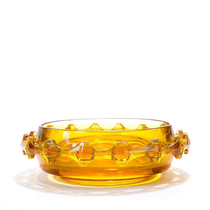 Centerpiece Diatret, yellow soda-lime glass, by J. S. Drost, Ząbkowice, Poland, 1970s.