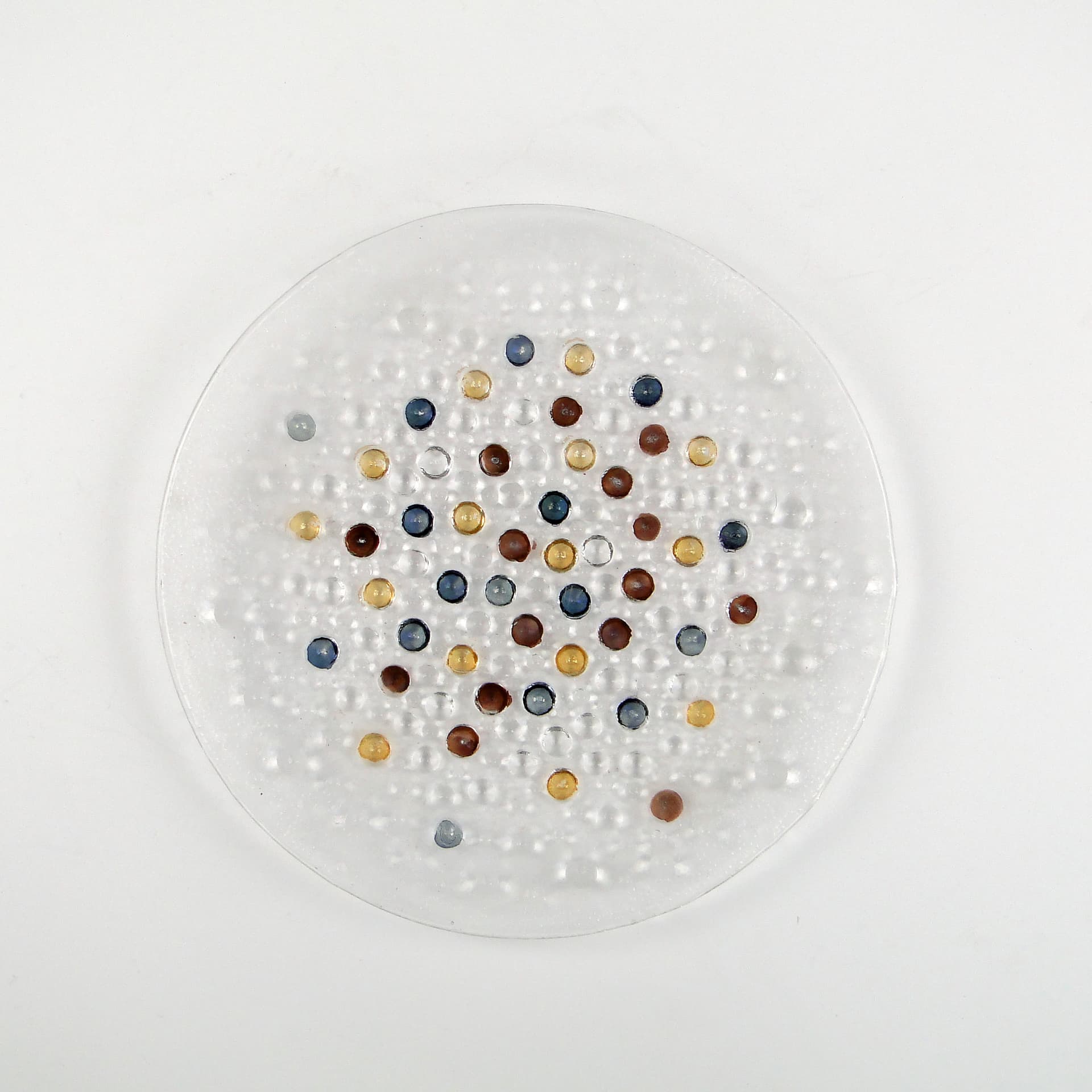 Set of dessert plates Krople Rosy, multicolor soda-lime glass, by J. S. Drost, Ząbkowice, Poland, 1980s.