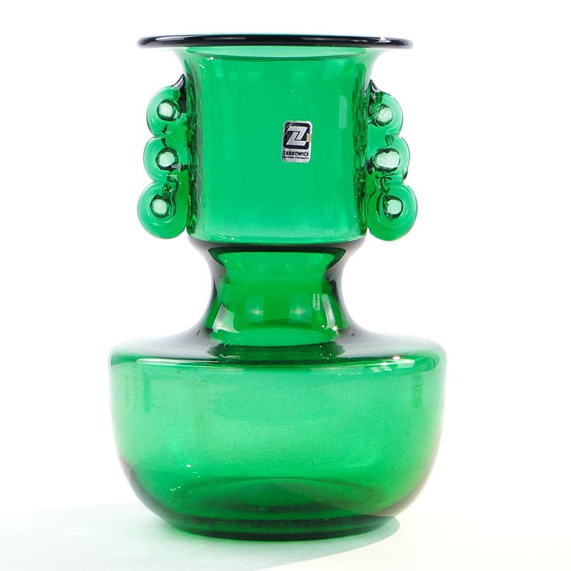 Vase, green glass, by L. Fiedorowicz, Ząbkowice, Poland, 1980s.