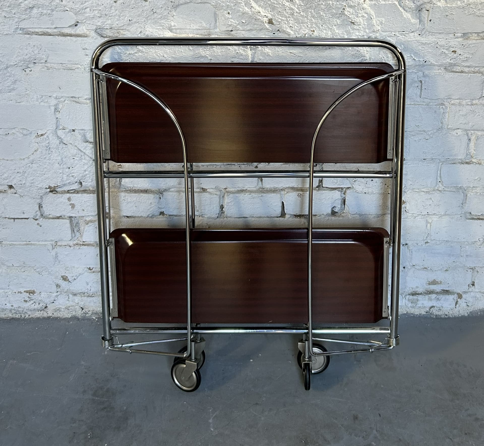Folding bar cart, brown laminate, chrome, 1970s. - 326644