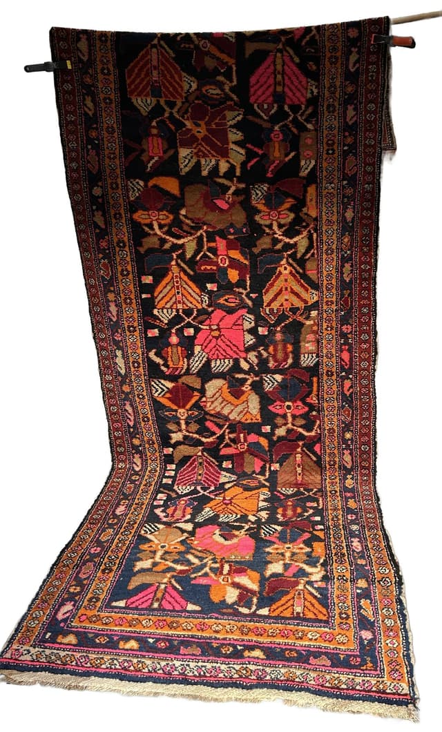 Runner rug, 130x360 cm, navy multicolor wool, Turkey, 1970s. - DIMENSION