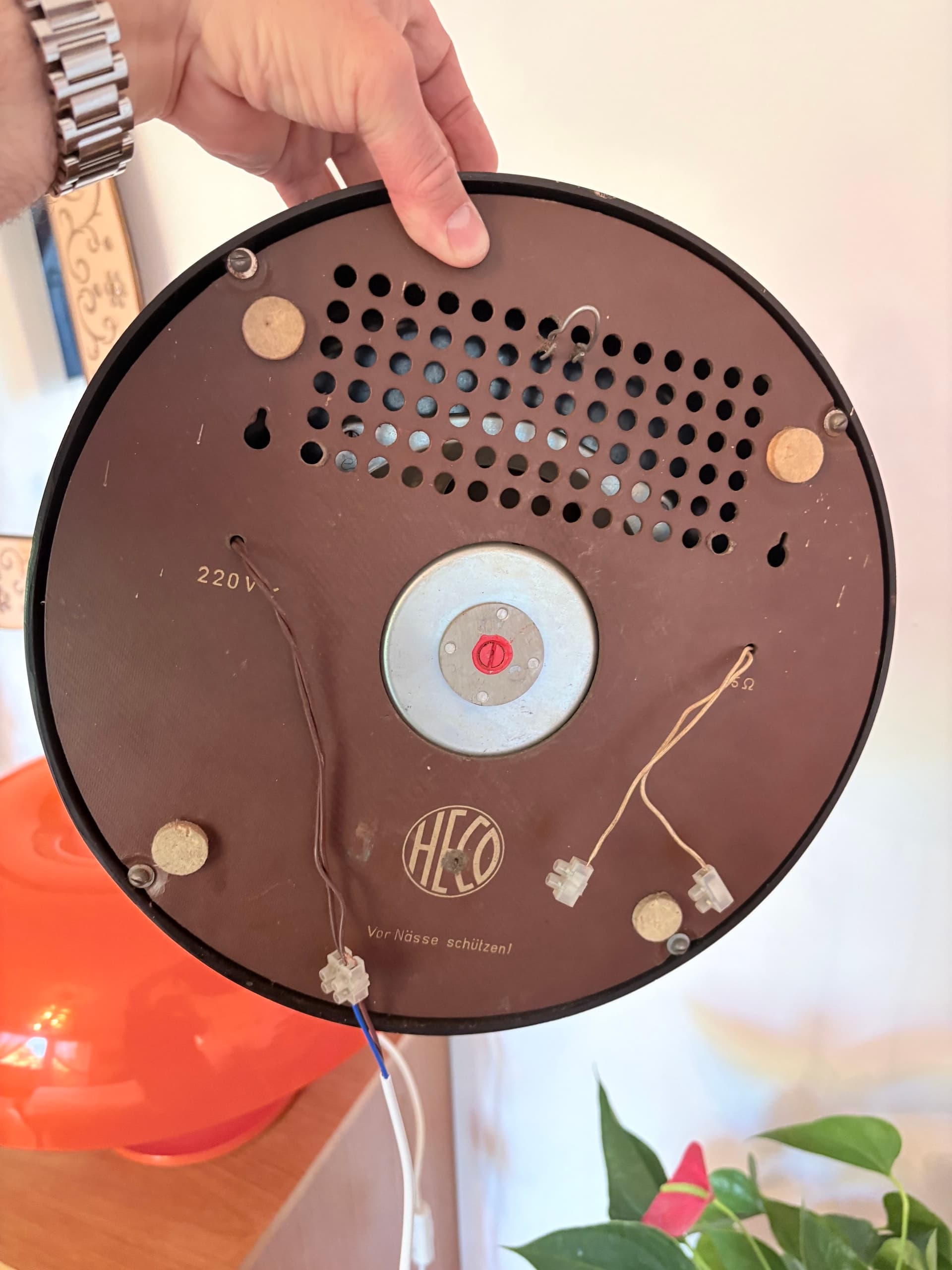 Wall Clock Speaker Heco WLU-30, black bakelite, gold brass, Germany, 1950s. - 326789