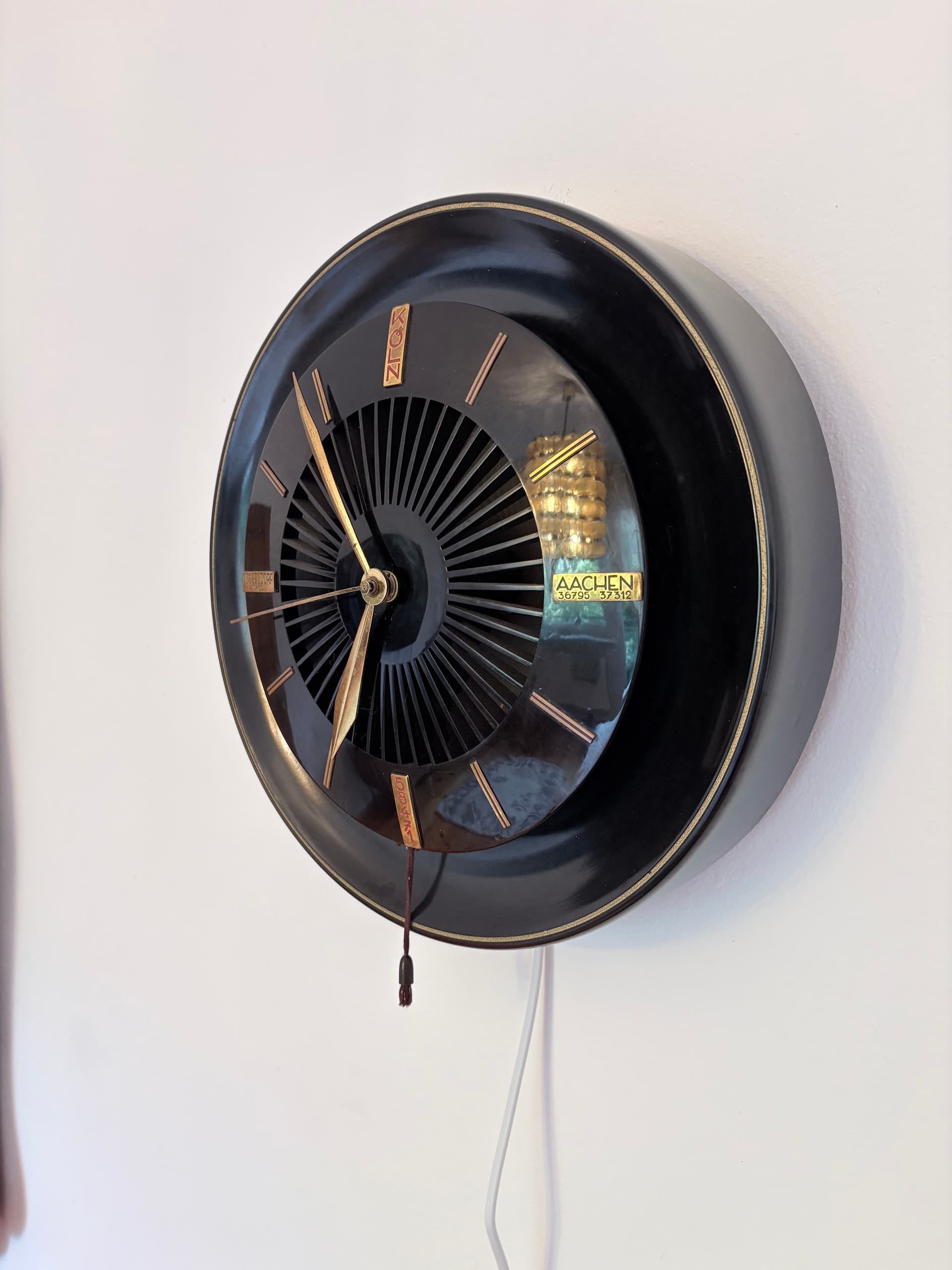 Wall Clock Speaker Heco WLU-30, black bakelite, gold brass, Germany, 1950s. - 326781
