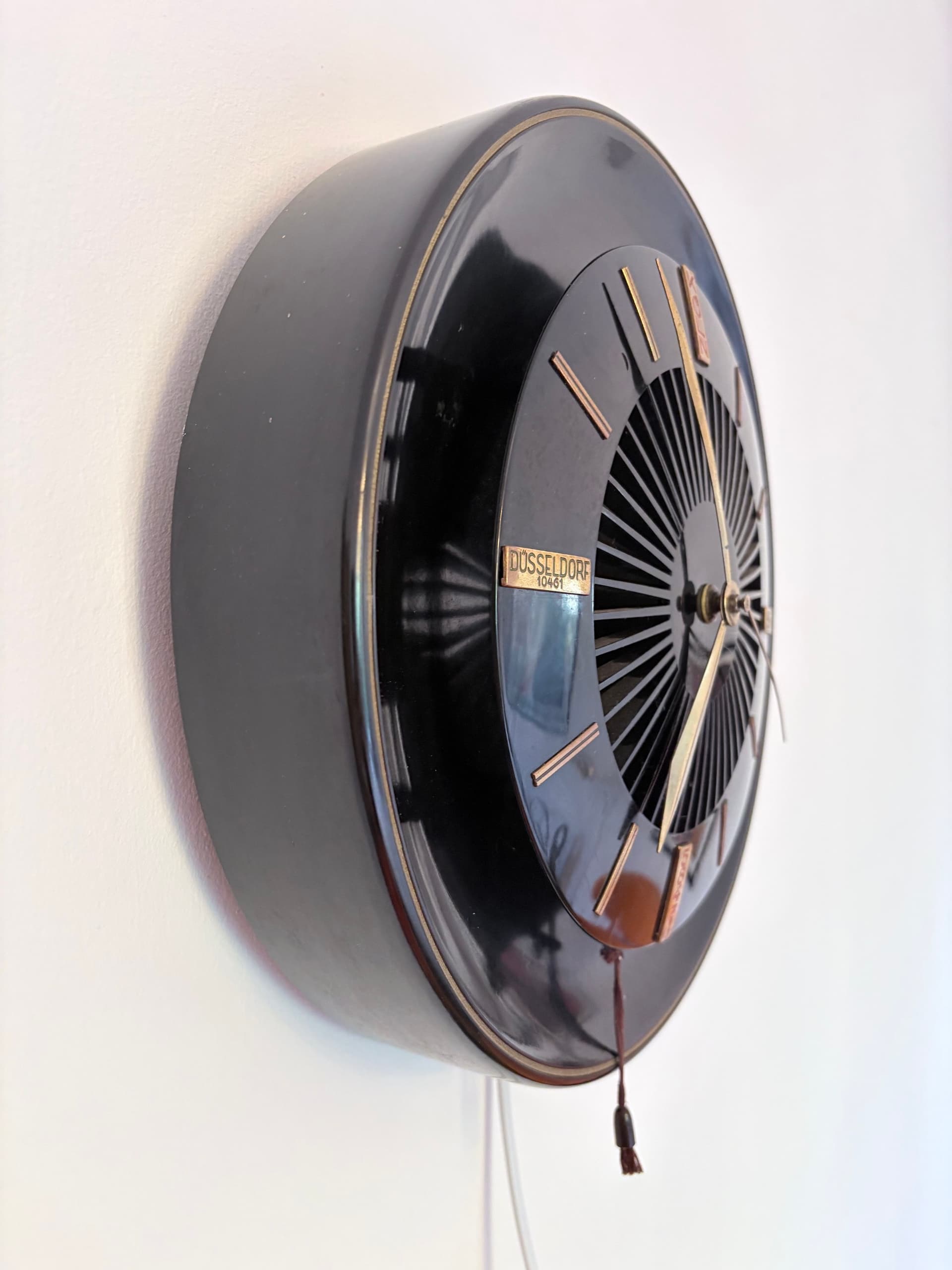 Wall Clock Speaker Heco WLU-30, black bakelite, gold brass, Germany, 1950s. - 326785