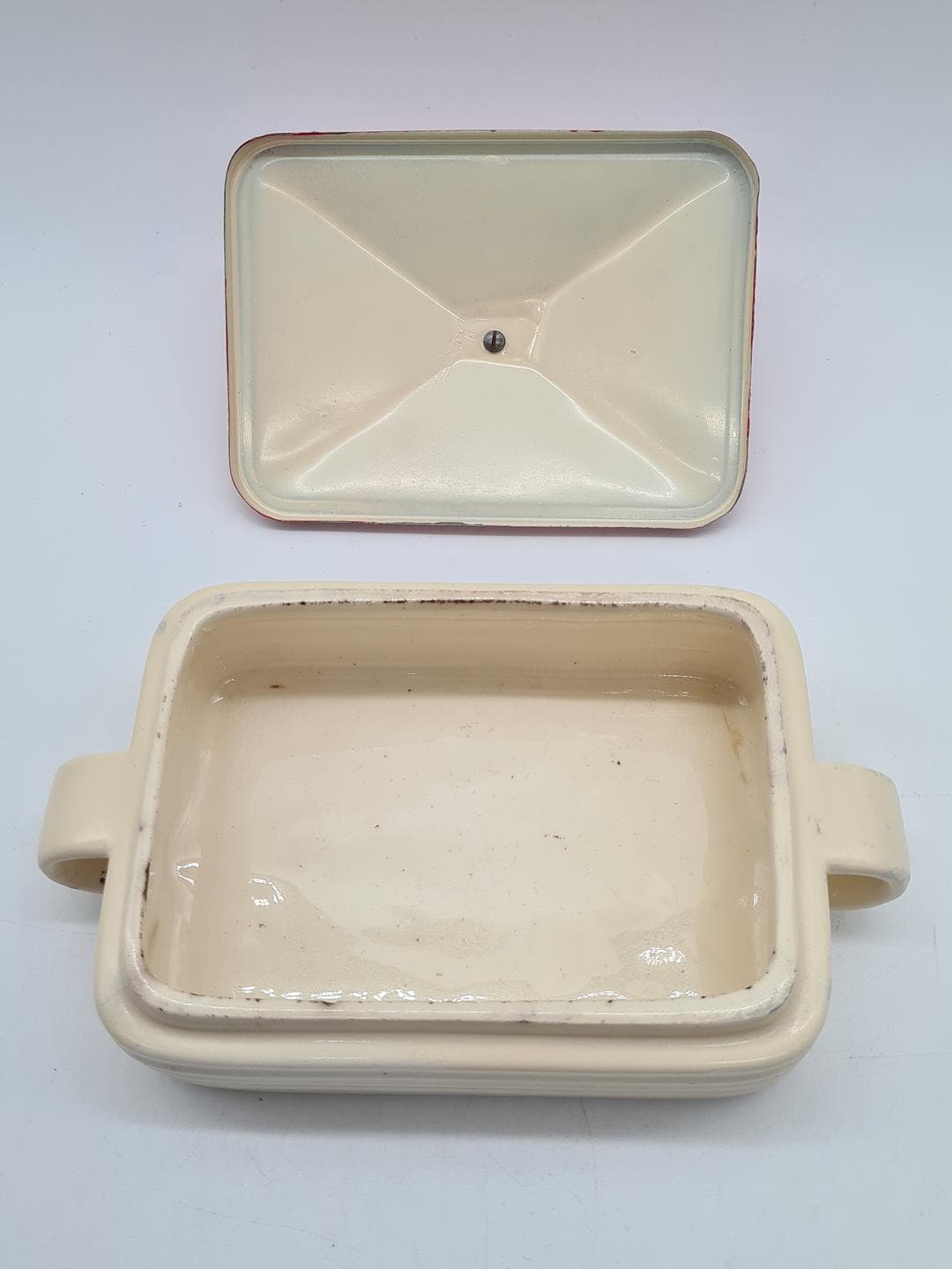 Butter Dish, cream ceramic, red metal, Europe, 1930s - 326856