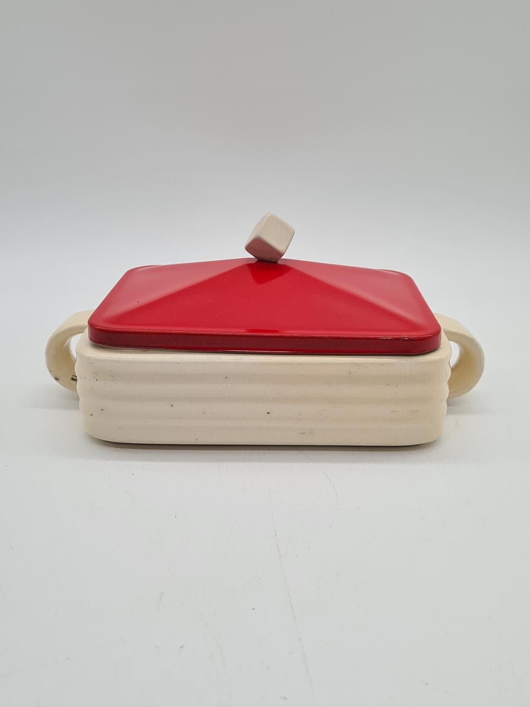 Butter Dish, cream ceramic, red metal, Europe, 1930s - 326849