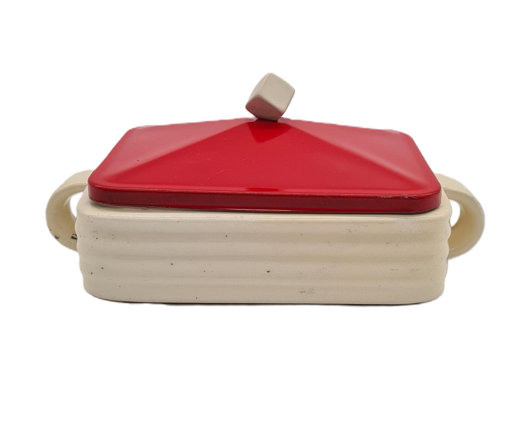 Butter Dish, cream ceramic, red metal, Europe, 1930s - 326848