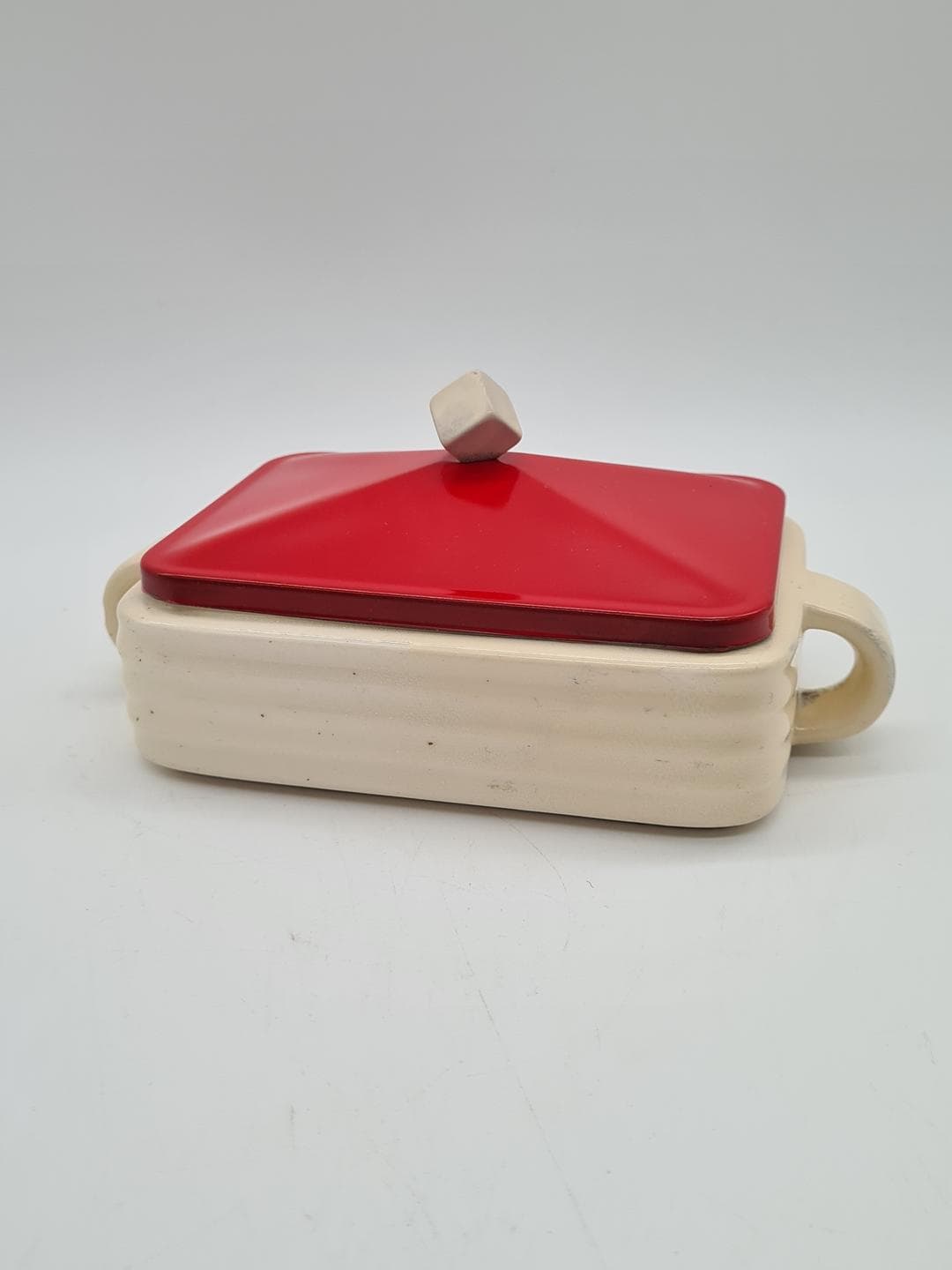 Butter Dish, cream ceramic, red metal, Europe, 1930s - 326853