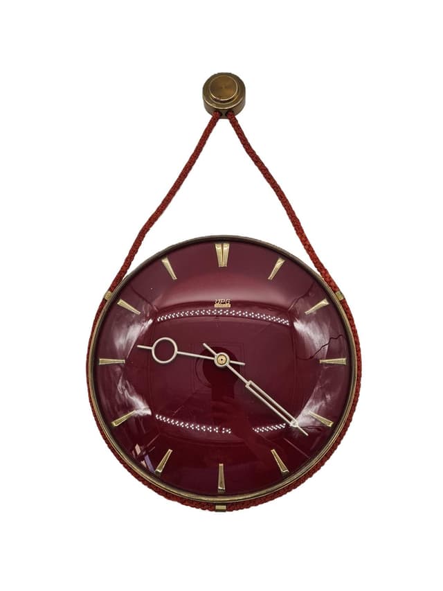 Wall Clock, Space Age, red acrylic, gold metal, East Germany, 1970s. - DIMENSION