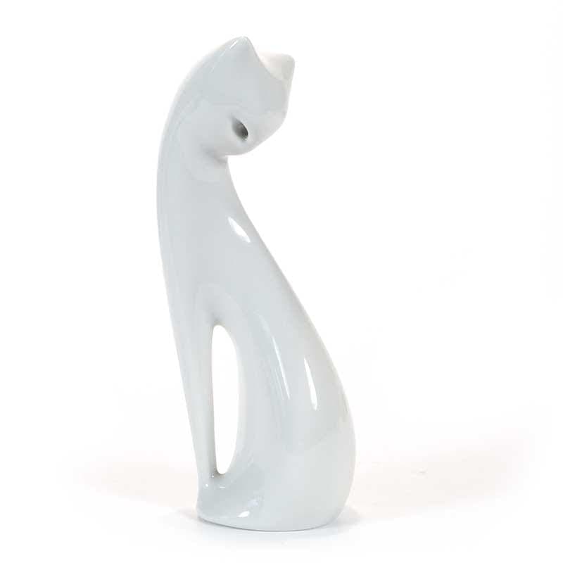 Figurine Sitting Cat, white porcelain, by M. Naruszewicz, Poland, 1960s.