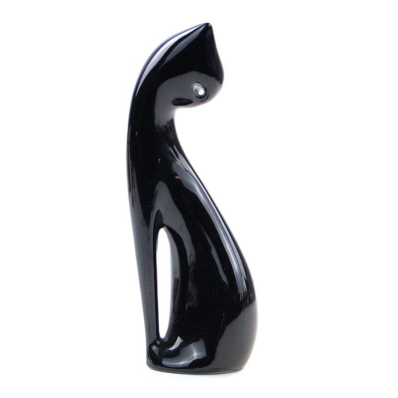 Sitting Cat Figurine, black white porcelain, by M. Naruszewicz, Ćmielów, Poland, 1960s.