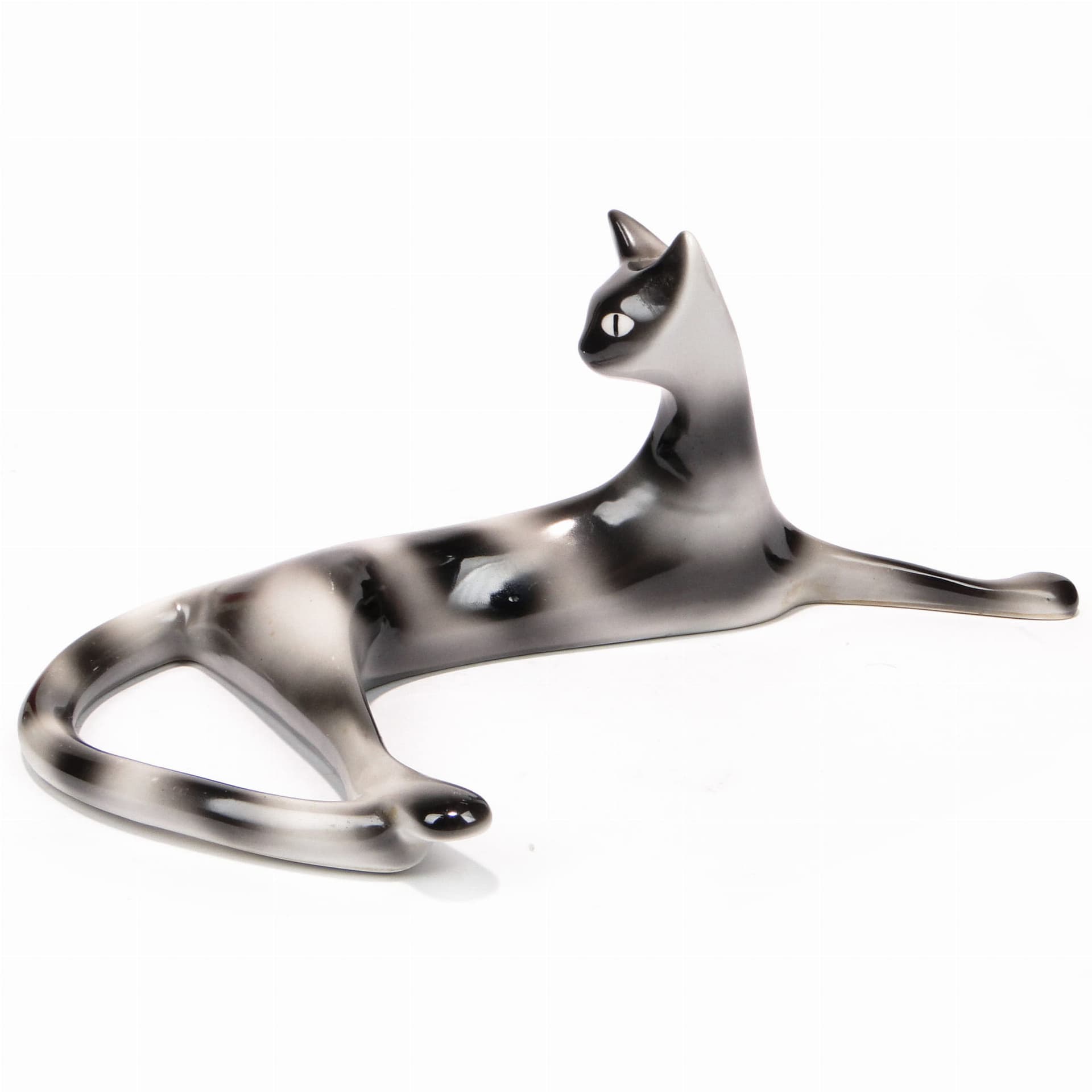 Figurine Lying Cat, grey-black porcelain, by M. Naruszewicz, Ćmielów, Poland, 1960s. - 326945