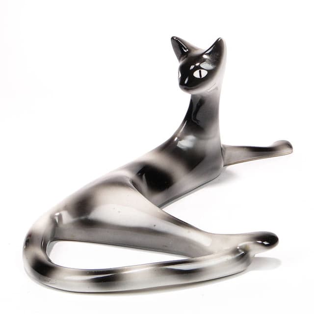Figurine Lying Cat, grey-black porcelain, by M. Naruszewicz, Ćmielów, Poland, 1960s. - DIMENSION