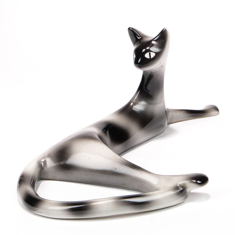 Figurine Lying Cat, grey-black porcelain, by M. Naruszewicz, Ćmielów, Poland, 1960s.