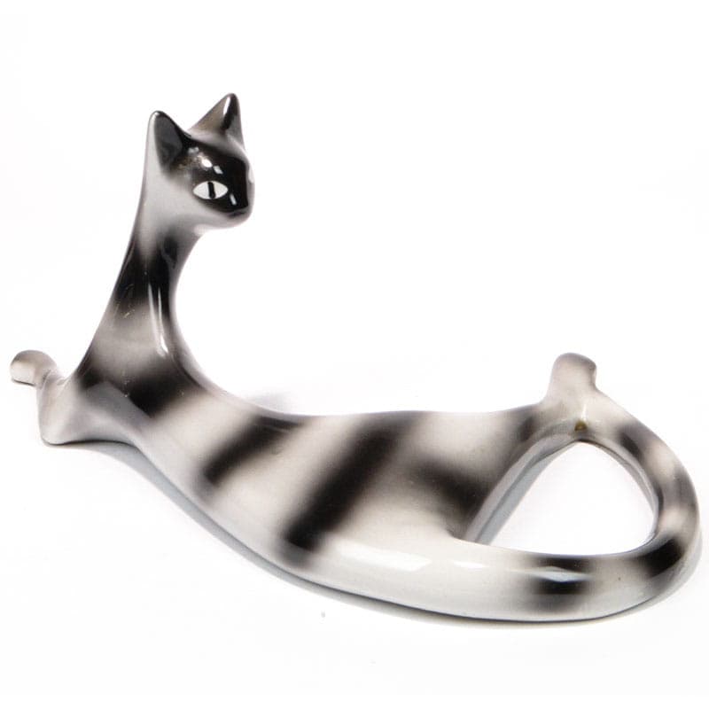 Figurine Lying Cat, grey-black porcelain, by M. Naruszewicz, Ćmielów, Poland, 1960s. - 326946