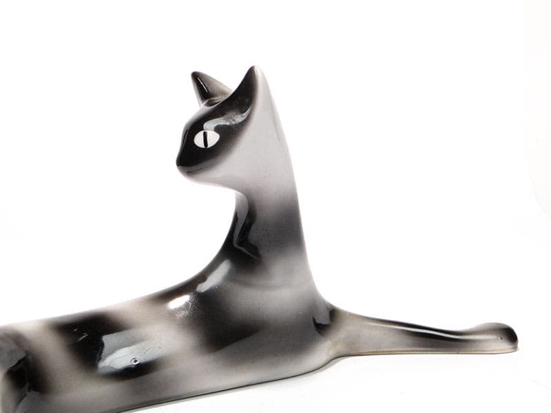 Figurine Lying Cat, grey-black porcelain, by M. Naruszewicz, Ćmielów, Poland, 1960s. - 326943