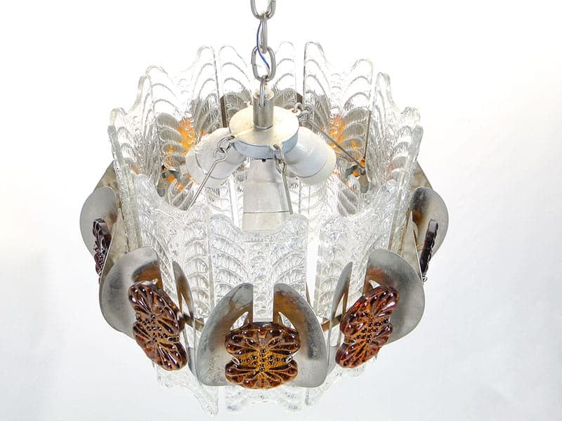 Chandelier Space Age, transparent orange glass, silver metal, Murano, Italy, 1970s. - 326970
