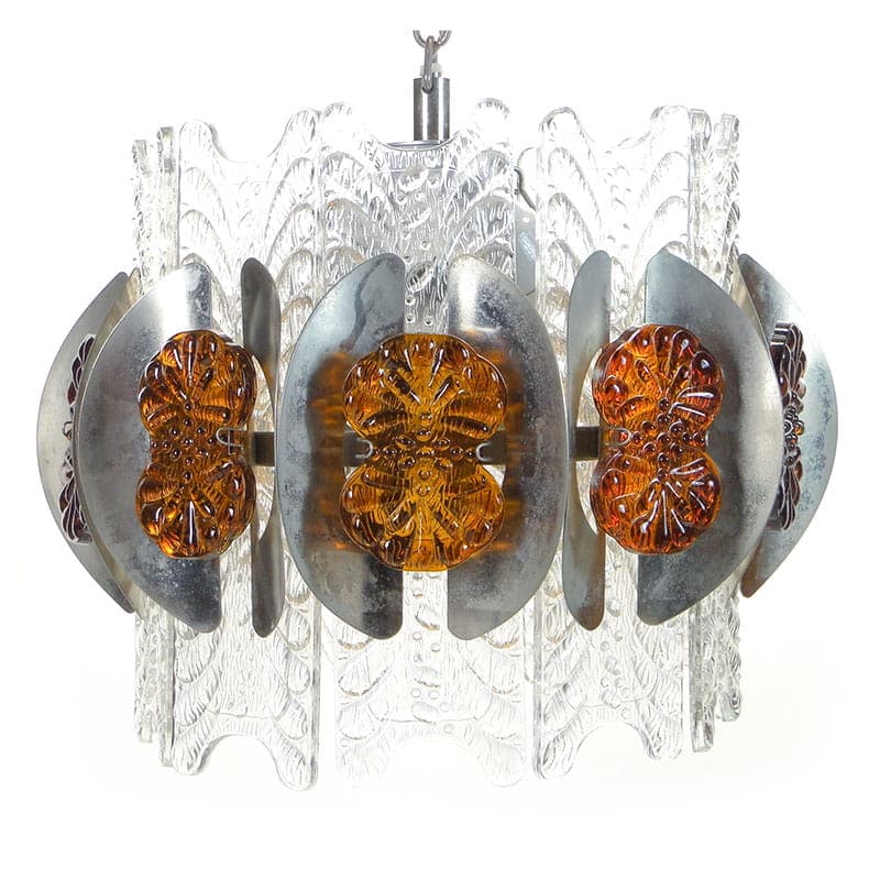 Chandelier Space Age, transparent orange glass, silver metal, Murano, Italy, 1970s. - 326966