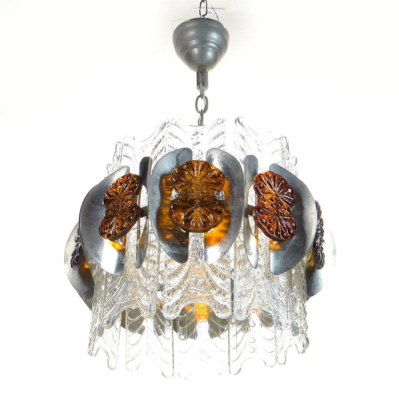 Chandelier Space Age, transparent orange glass, silver metal, Murano, Italy, 1970s. - 326969