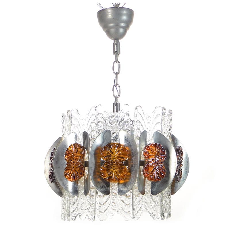 Chandelier Space Age, transparent orange glass, silver metal, Murano, Italy, 1970s.