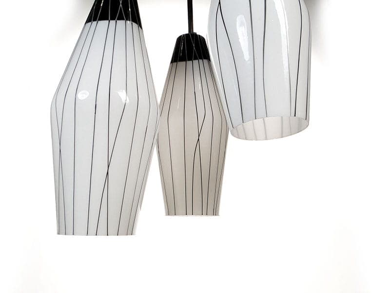 Chandelier mid-century modern, milky white black glass, chromed brass, Czechoslovakia, 1960s. - 326976