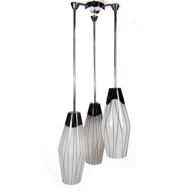 Chandelier mid-century modern, milky white black glass, chromed brass, Czechoslovakia, 1960s.