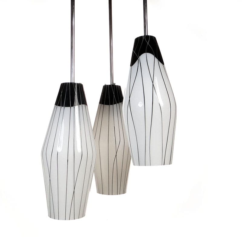 Chandelier mid-century modern, milky white black glass, chromed brass, Czechoslovakia, 1960s. - 326975
