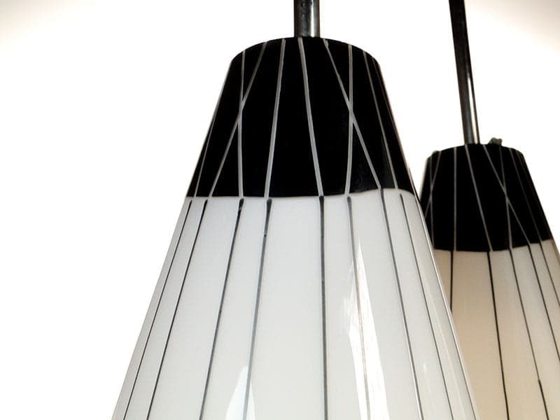 Chandelier mid-century modern, milky white black glass, chromed brass, Czechoslovakia, 1960s. - 326978