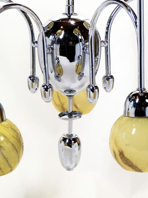 Chandelier Art Deco, beige brown glass, silver chrome brass, Poland, 1920s. - 327032